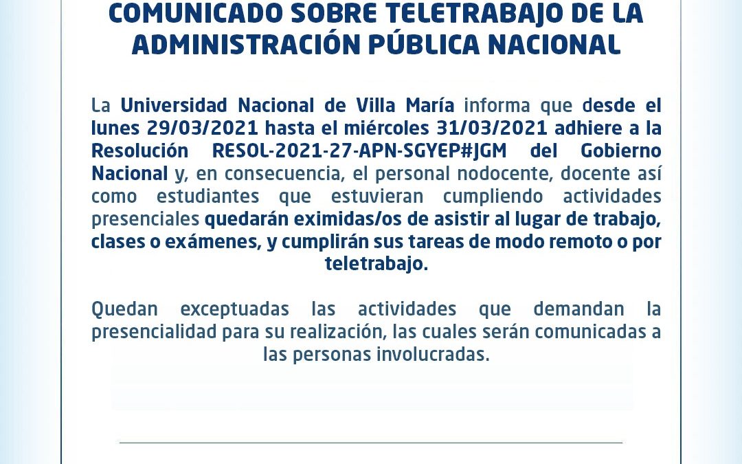 Prevención: la UNVM adhiere al Teletrabajo